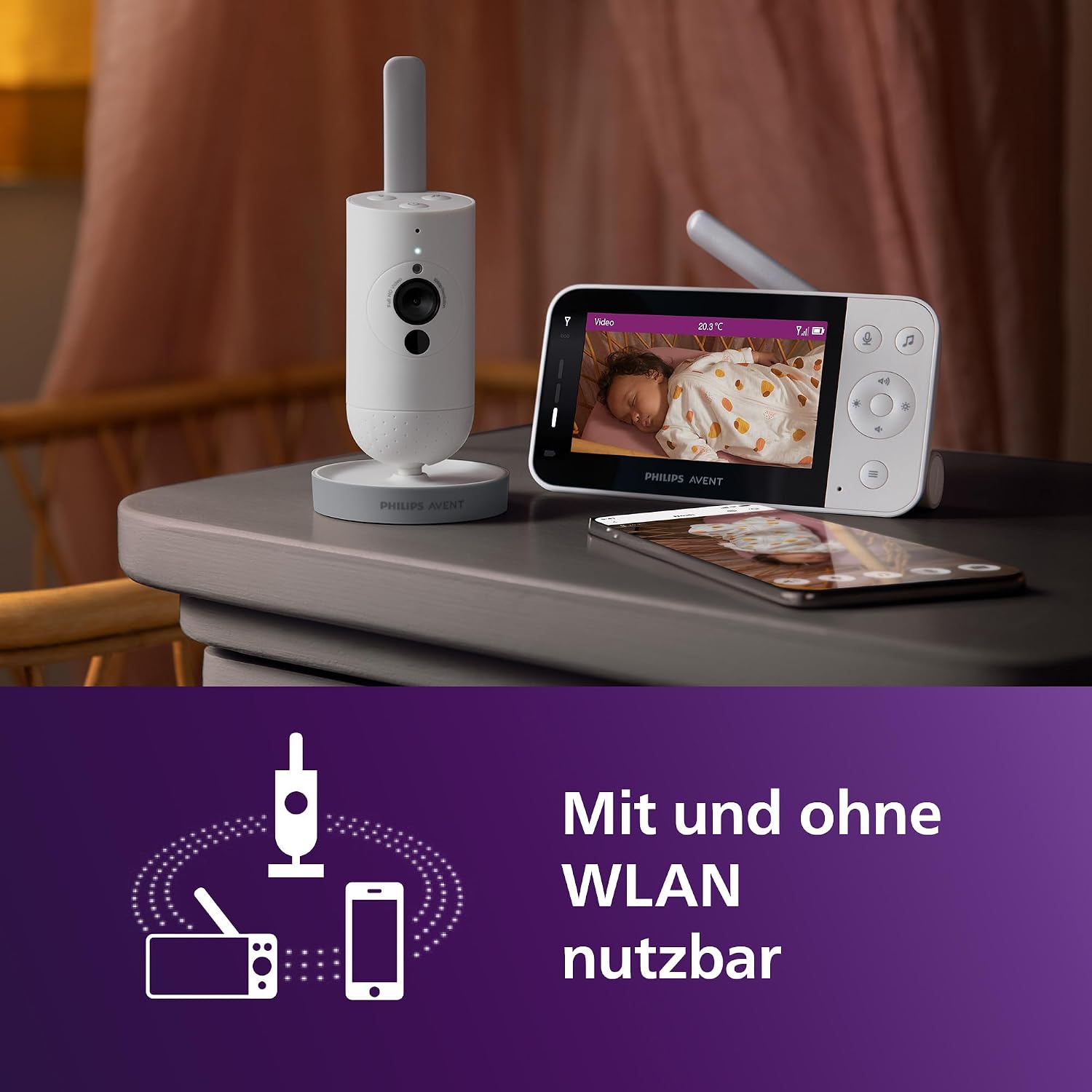 Philips AVENT Connected Baby Monitor with Camera and WiFi, High-Quality HD Camera, Infrared Night Vision Function, Scream Detection, Intercom Function, DEKRA Certified Private and Safe, SCD951/26