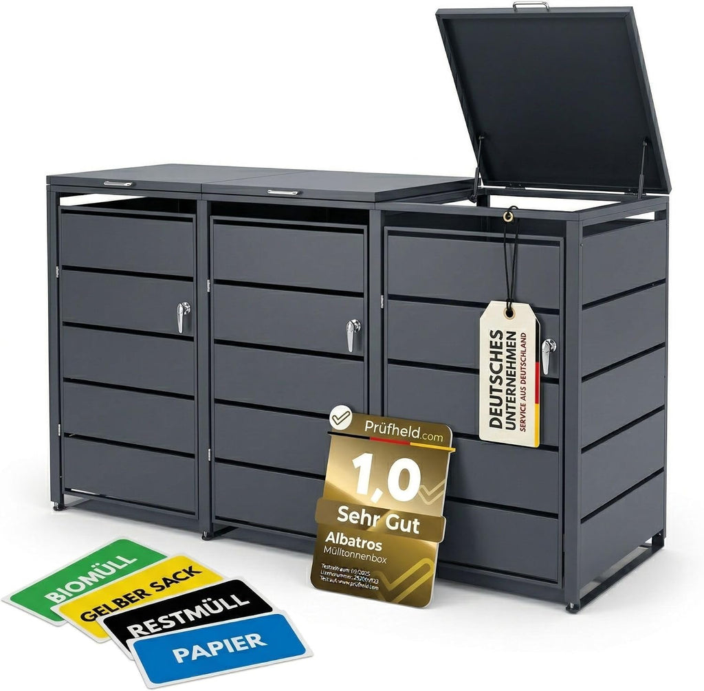 ALBATROS Mülltonnenbox 3er | Metall RAL7016, 120-240L, abschließbar