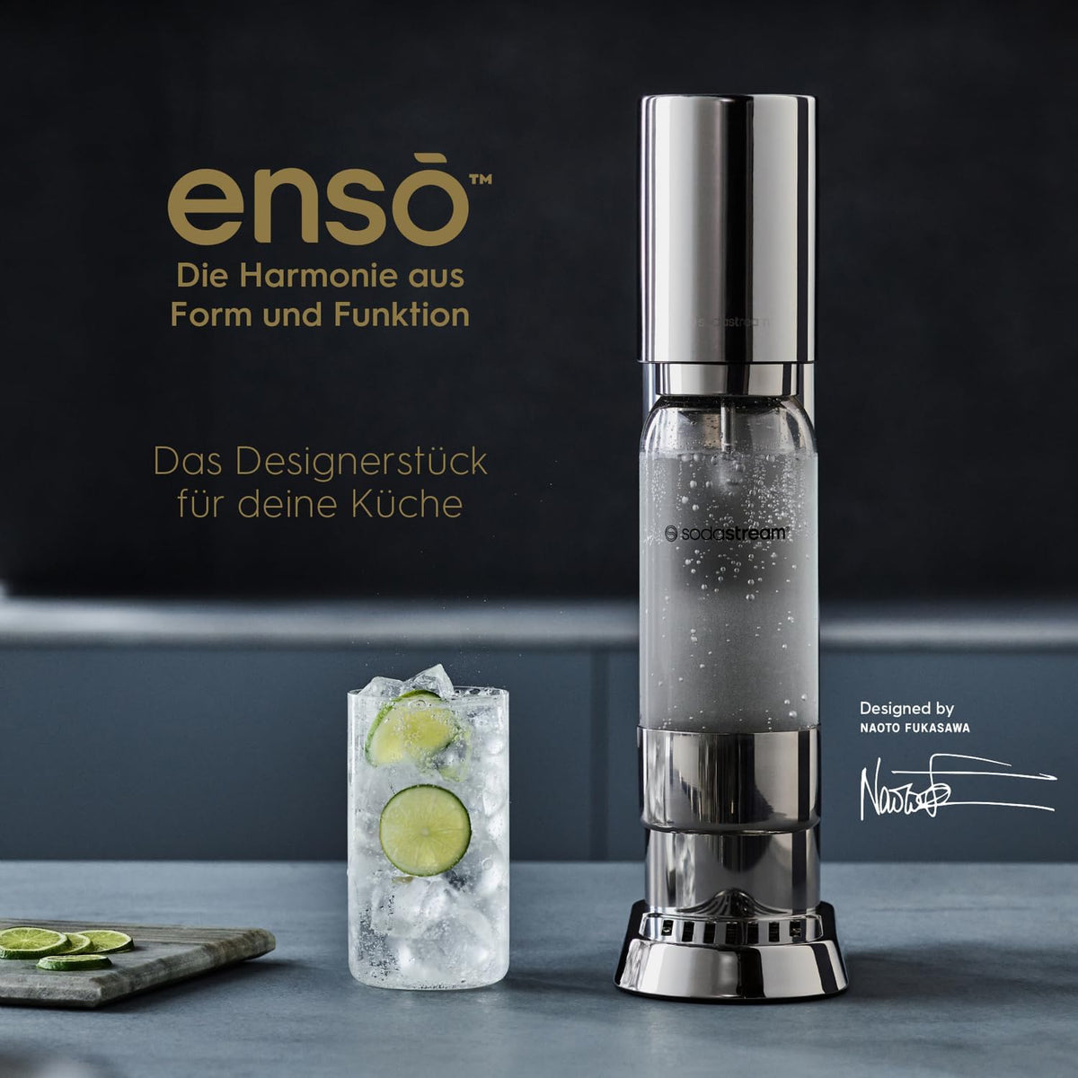 SodaStream® enso™ Premium Wassersprudler aus Edelstahl | inkl. 1 L BPA-FREIE KUNSTSTOFFFLASCHE (spülmaschinengeeignet) + Reinigungstuch + SodaStream Quick Connect Reservezylinder
