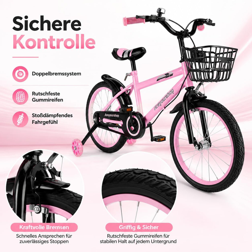 18 Zoll Kinderfahrrad, Verstellbarer Sitz & Lenker, Kohlenstoffstahlrahmen, Doppelbremsen, Stoßfeste Speichenräder, Magnetisches Blitzrad, Abnehmbare Stützräder