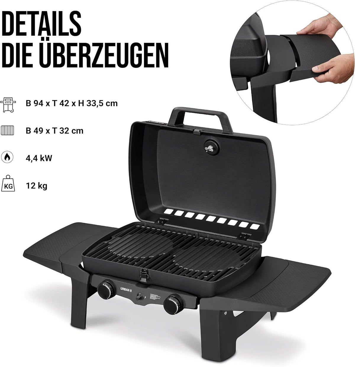 Enders Gasgrill Urban II, Tischgrill, Grillen-, Kochen- und Backen Funktion, 2 Brenner Edelstahl, mit Grill-Thermometer, Balkon-, Camping-Grill, Aluguss-Gehäuse, Gusseisen-Rost #2070