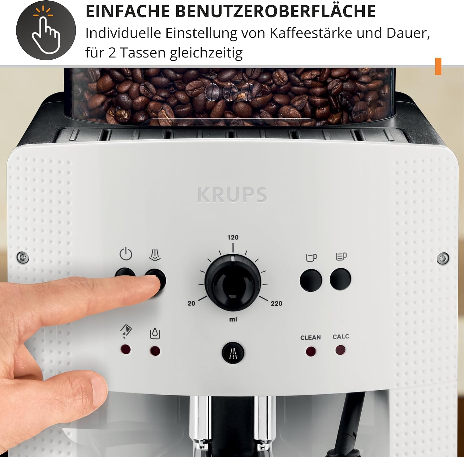 KRUPS Arabica Picto Kaffeevollautomat, kompaktes Design, einfache Bedienung, intuitiv einstellbarer Drehregler, Milchschaumdüse, 2-Tassen-Funktion, Kaffeemaschine, Weiß, EA810570