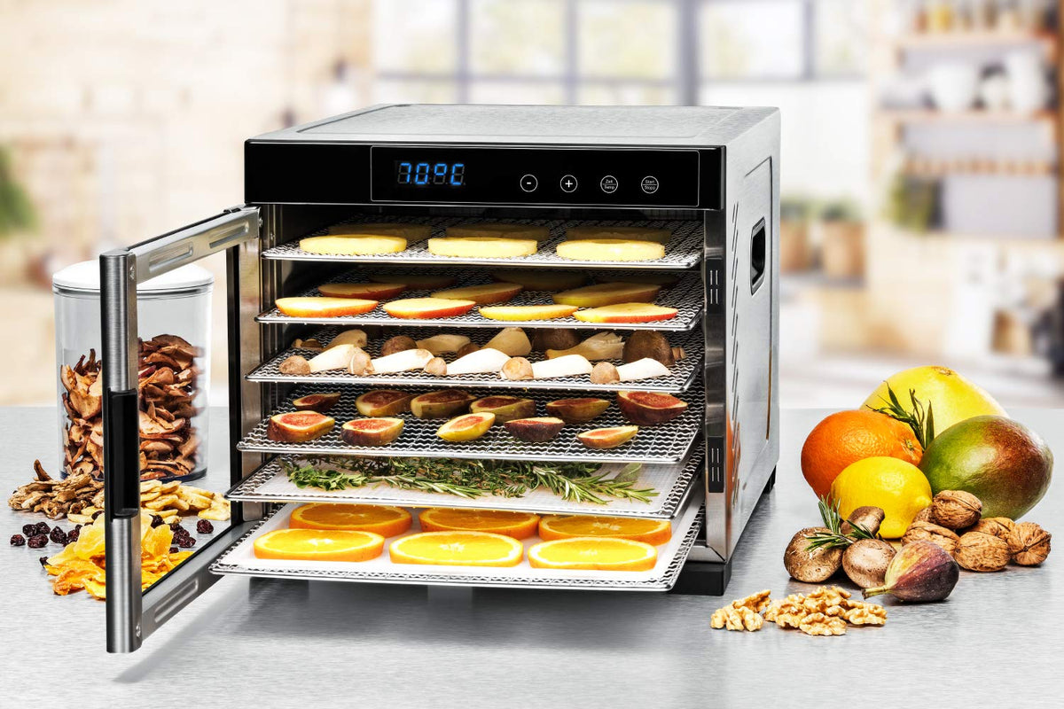 ROMMELSBACHER Dörrautomat DA 1000, XXL-Dörrfläche 1,6 m², inkl. 10 Edelstahl-Dörrtabletts, 2 Dörrgitter, 2 Dörrmatten, LED-Display, 24 Std. Zeitschaltuhr, Temperatur einstellbar (35 °C – 75 °C)o