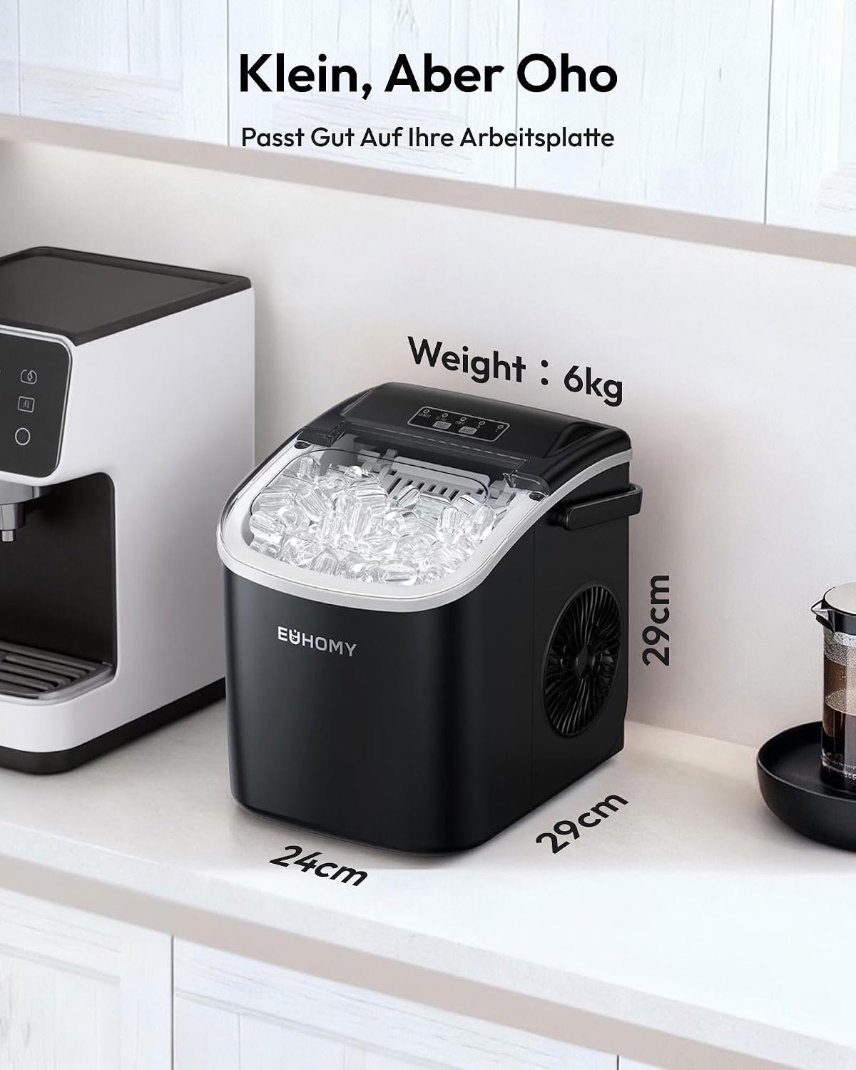EUHOMY Small Ice Cube Maker, 12 kg Ice Cube Maker, 9 Cubes Ready in 6 Minutes, Black Ice Cube Machine with Portable Handle, 12 kg/24 H, Self-Cleaning Ice Cube Machines