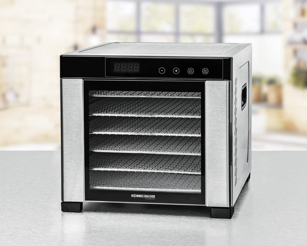 ROMMELSBACHER Dörrautomat DA 1000, XXL-Dörrfläche 1,6 m², inkl. 10 Edelstahl-Dörrtabletts, 2 Dörrgitter, 2 Dörrmatten, LED-Display, 24 Std. Zeitschaltuhr, Temperatur einstellbar (35 °C – 75 °C)o