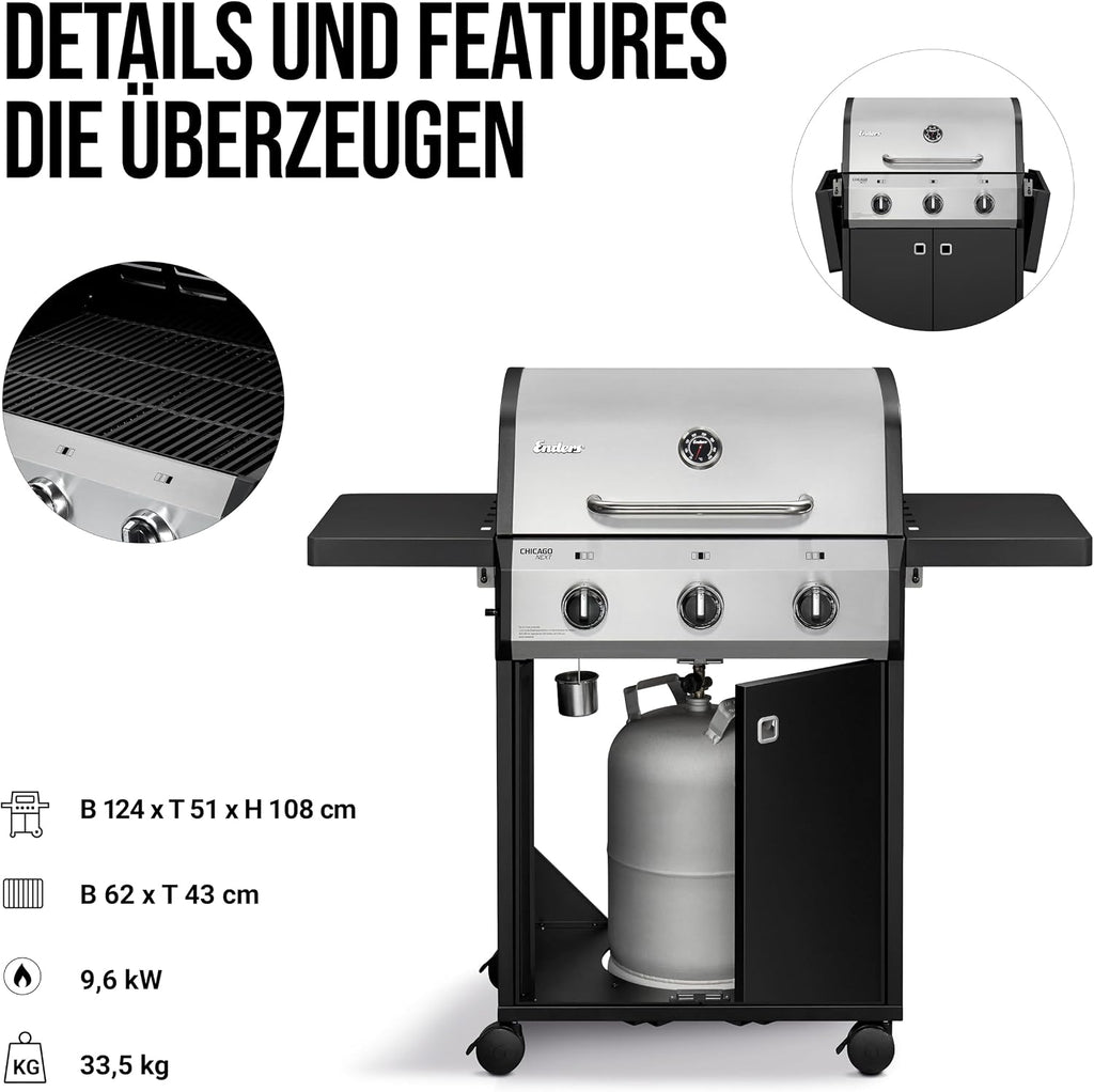 Enders® Gasgrill CHICAGO NEXT 3, 3 Edelstahlbrenner, doppelwandige Garhaube, 2 abklappbare Seitenablagen, integriertes Thermometer - Gussrost 9.6 kW, #89396