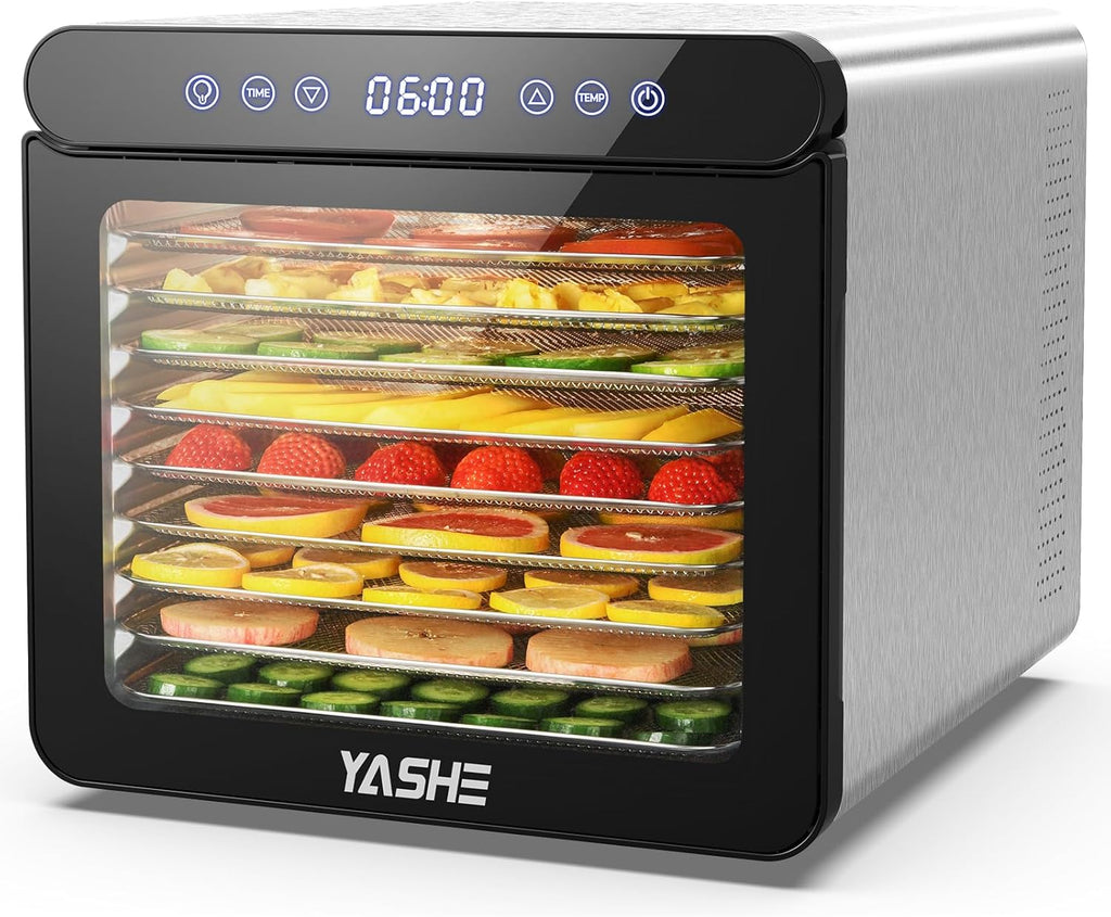 YASHE Stainless Steel Dehydrator with Digital Control (Temperature up to 75°C, Timer up to 48 Hours), 9 Trays Dehydrator for Fruit and Vegetables, Rear Fan for 360° Air Circulation, 800 Wo