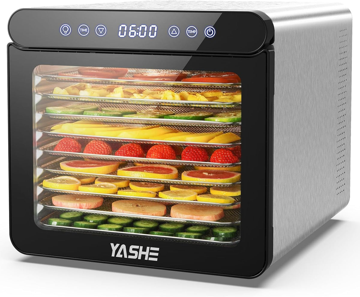 YASHE Stainless Steel Dehydrator with Digital Control (Temperature up to 75°C, Timer up to 48 Hours), 9 Trays Dehydrator for Fruit and Vegetables, Rear Fan for 360° Air Circulation, 800 Wo