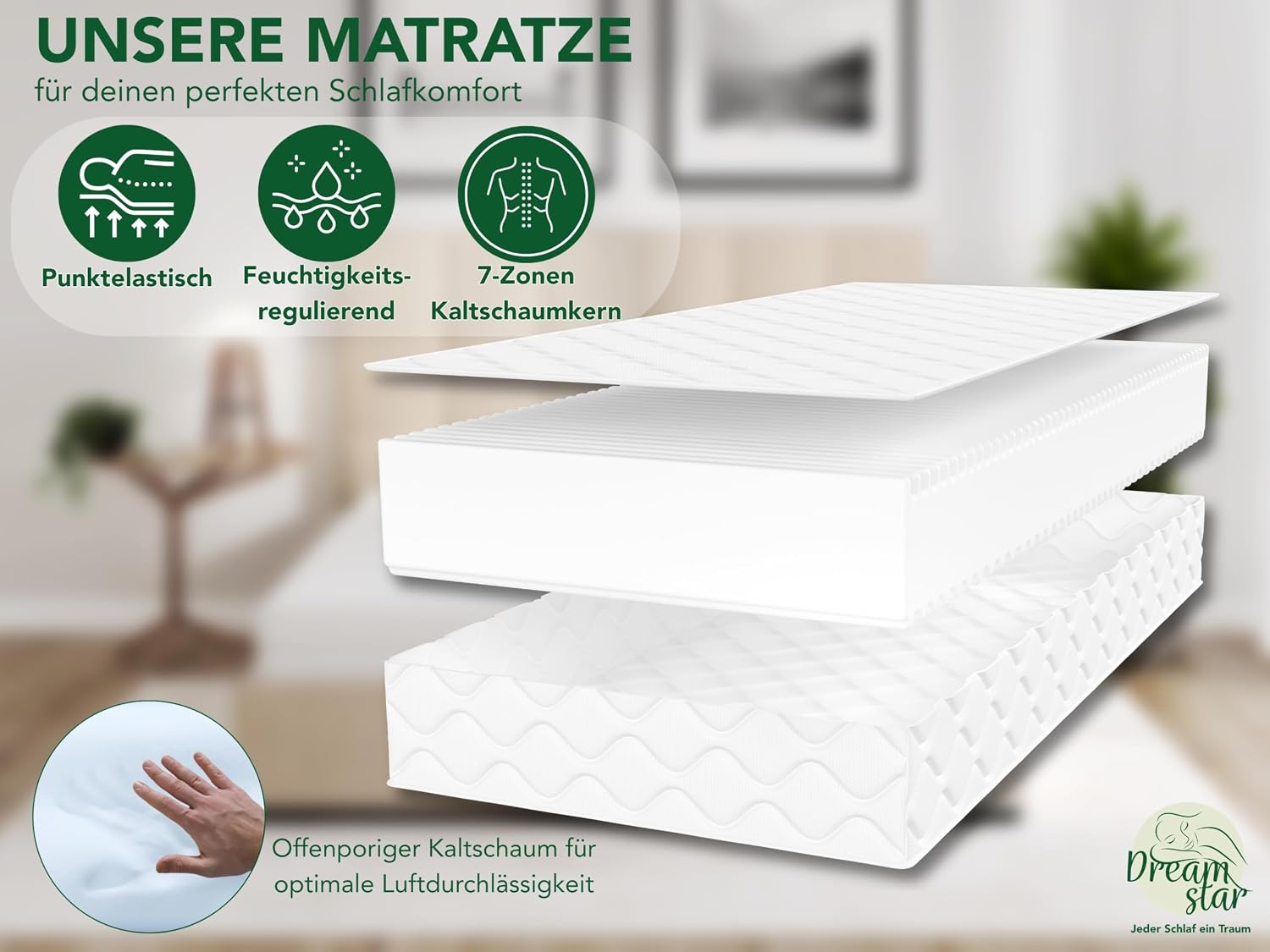 DREAMSTAR Ergo Flex XXL Duo 7-Zonen Matratze 140x200 cm | H2&H3 | Ergonomische Kaltschaummatratze | Hypoallergen & Antibakteriell | Bezug abnehmbar & waschbar | Öko-TEX® | (22cm, 140 x 200 cm)