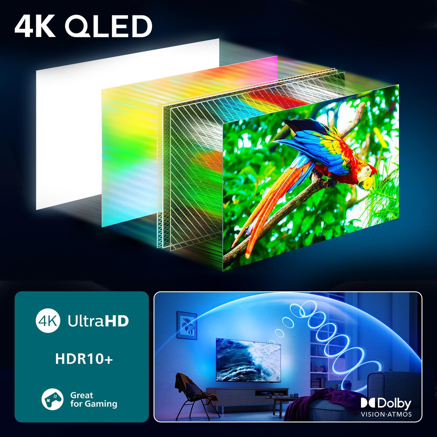 PHILIPS Ambilight 'The One' 50PUS9000 4K QLED Smart TV - 50 Zoll Display mit P5 Perfect Picture Engine Ultra HD, Titan OS, Dolby Vision und Dolby Atmos Sound