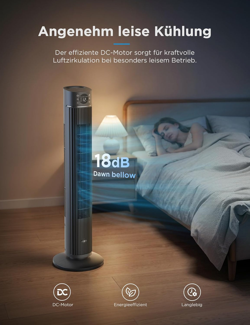 Midea Turmventilator FZ10-26ARDW, 105cm, DC-Motor, App-Steuerung | 19dB Fluesterleise, 4 Modi, 12 Stufen, 24h Timer, Alexa & Google, fuer Schlafzimmer, Wohnzimmer & Buero