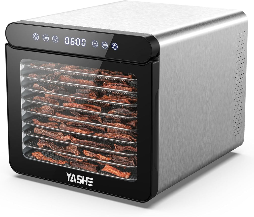 YASHE Stainless Steel Dehydrator with Digital Control (Temperature up to 75°C, Timer up to 48 Hours), 9 Trays Dehydrator for Fruit and Vegetables, Rear Fan for 360° Air Circulation, 800 Wo