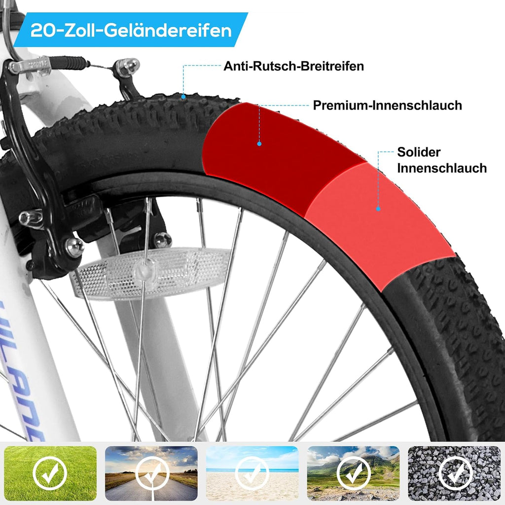 HILAND Climber Kinderfahrrad 20 Zoll, Mountainbike für Kinder 5–10 Jahre, Fahrrad für Jungen und Mädchen mit V-Bremse und Step-Through-Stahlrahmen