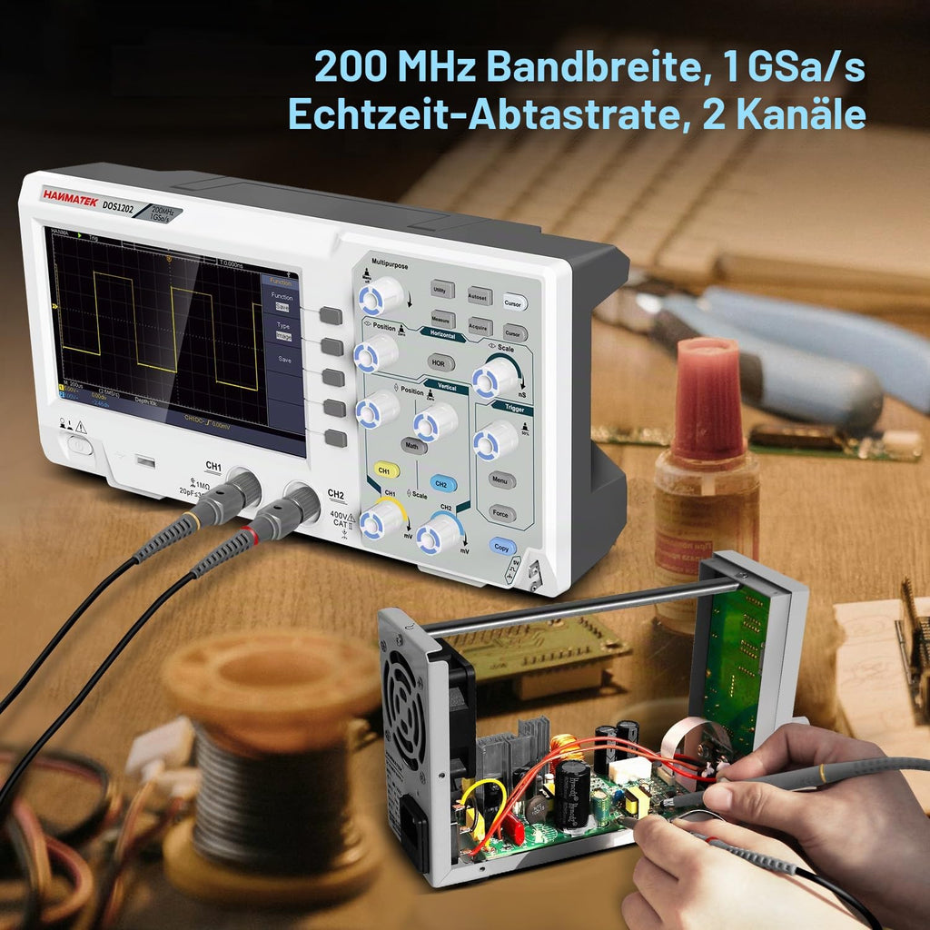 HANMATEK 200 MHz Bandwidth DOS1202 Digital Oscilloscope with 2 Channels and Screen 7 Inch / 18 cm, TFT LCD Display, Portable Professional Oscilloscope Kit with 1GS/s Sampling Rate