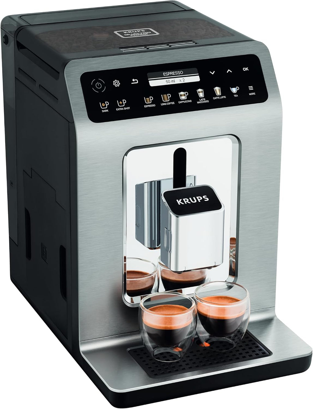 Krups Evidence Plus Kaffeevollautomat mit Milchschlauch, 19 Getränke, 2-Tassen-Funktion, Farbdisplay, Kaffeemaschine, TÜV-Siegel, Silber, EA894T10, Titanium-metallic