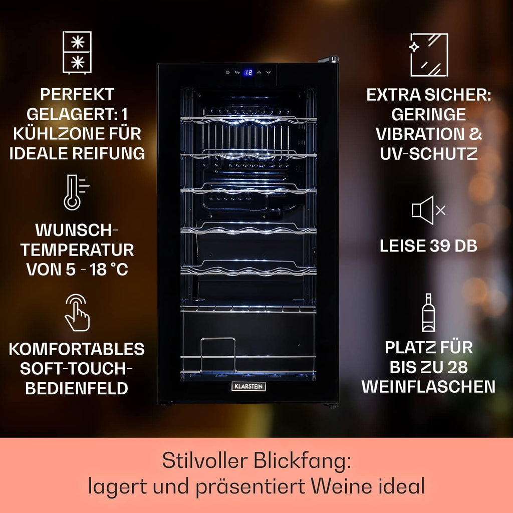 Klarstein Shiraz Wine Refrigerator Black - 28 Bottles, 74 L, 1 Zone | Beverage Fridge with Glass Door, Freestanding, Quiet, 5-18°C, LED, Stainless Steel Frame, Slim
