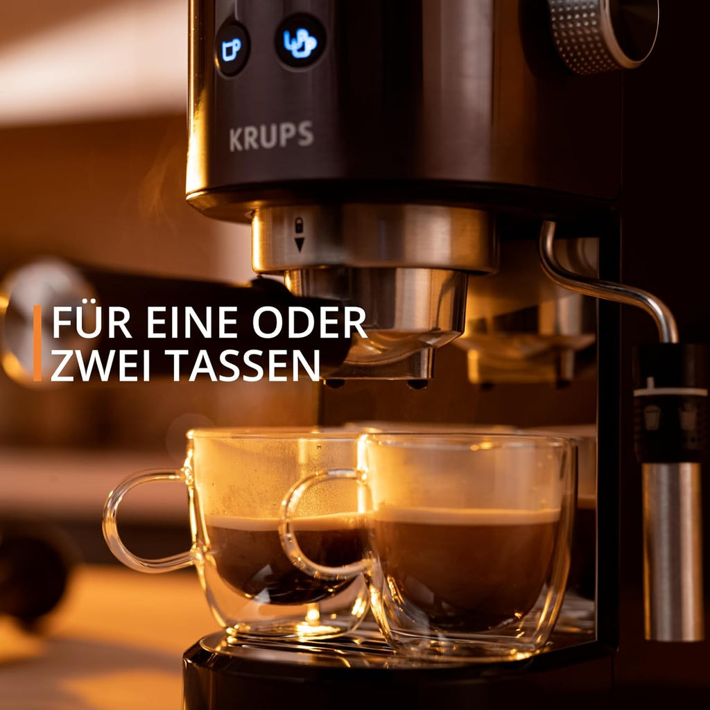 Krups Virtuoso+ Espresso-Siebträgermaschine, 15 bar Pumpendruck, 3 Crema-Filter, Edelstahl-Dampfdüse, intuitives Bedienfeld, Drehregler, inkl. Dosierlöffel und Tamper, Schwarz/Edelstahl, XP444G