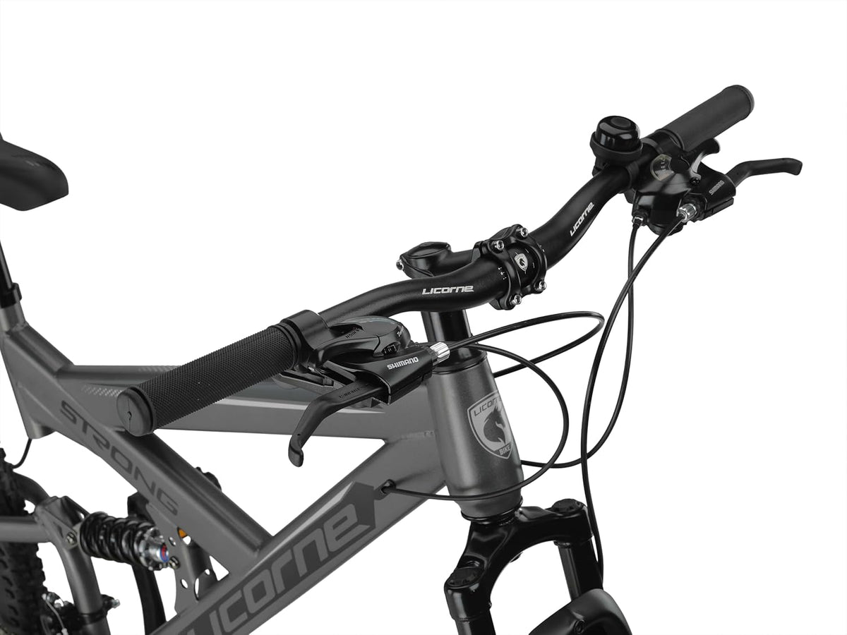 Licorne Bike Strong 2D Premium Mountainbike in 26, 27.5 und 29 Zoll Fahrrad für Jungen Mädchen Damen und Herren Scheibenbremse vorne und hinten 21 Gang Schaltung Vollfederung