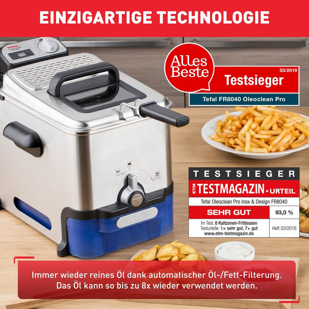 Tefal Oleoclean Pro Fryer 3.5 L for Crispy Chips, 2300 W Stainless Steel Fryer with Oil Filter, Removable Oil Container 1.2 kg, Timer & Thermostat, Dishwasher Safe, Black/Stainless Steel