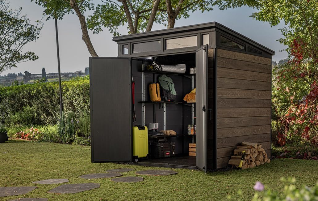 Keter Gerätehaus Signature 7x7 mit Doppeltür und Bodenplatte, abschließbar, Kunststoff wetterfest, 4,7 m² Gartenhaus Walnuss