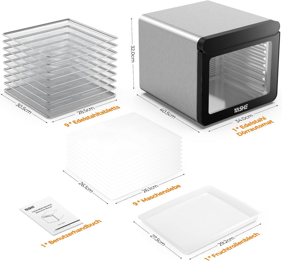 YASHE Stainless Steel Dehydrator with Digital Control (Temperature up to 75°C, Timer up to 48 Hours), 9 Trays Dehydrator for Fruit and Vegetables, Rear Fan for 360° Air Circulation, 800 Wo