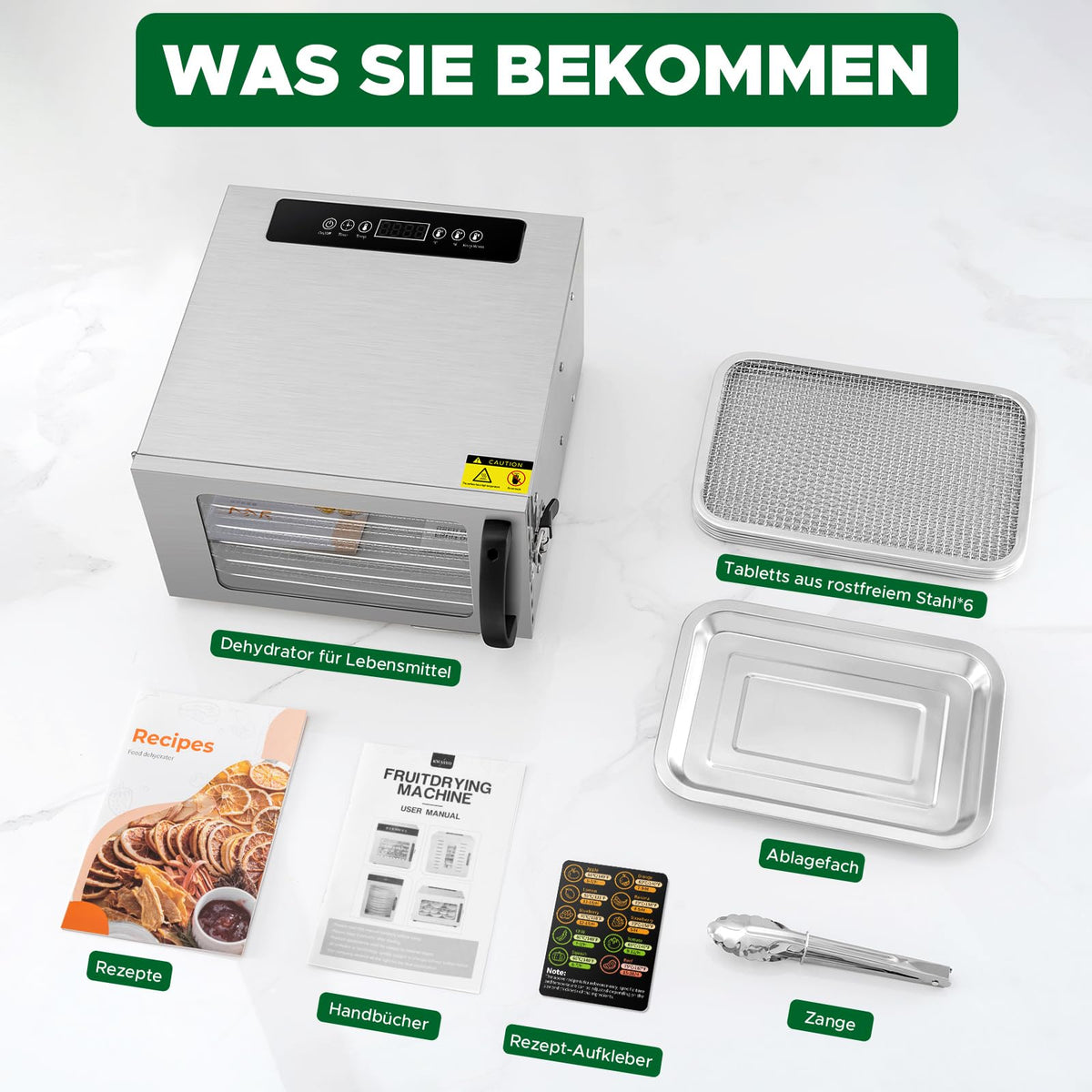 Kwasyo Dörrautomat Edelstahl DA 1000, XXL-Dörrfläche 1,8 m², Dörrgerät Temperatur einstellbar 30-90℃, LED-Display, 24 Std, BPA-frei, mit Rezeptheft, 10 Edelstahl-Dörrtablettso