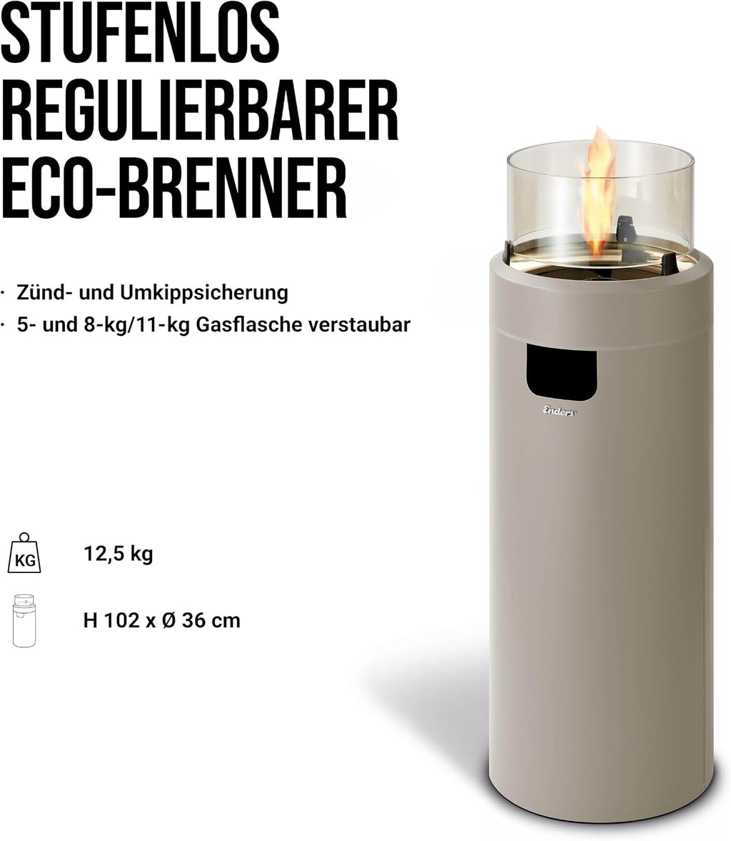 Enders Terrassenfeuer NOVA LED L TAUPE, Gas Terrassenfeuer mit Ambientebeleuchtungen, ECO GREEN Brenner-Technologie und exzellentem Design, H102cm Ø 62cm, taupe/gold #5606
