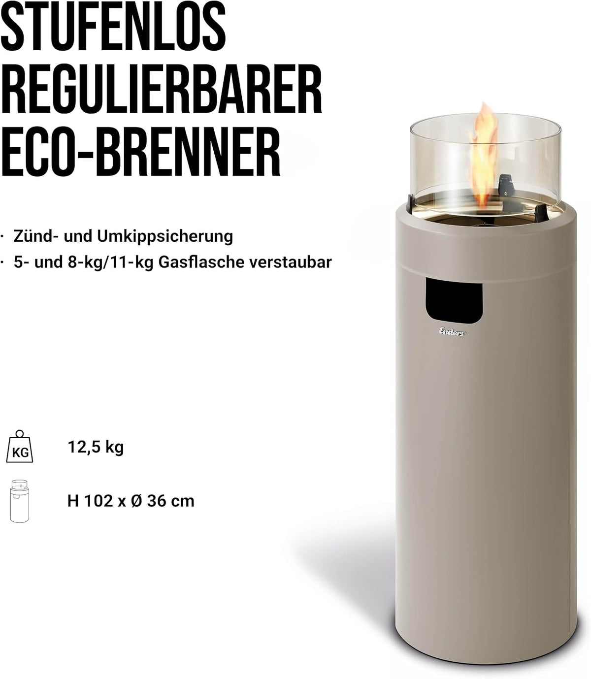 Enders Terrassenfeuer NOVA LED L TAUPE, Gas Terrassenfeuer mit Ambientebeleuchtungen, ECO GREEN Brenner-Technologie und exzellentem Design, H102cm Ø 62cm, taupe/gold #5606