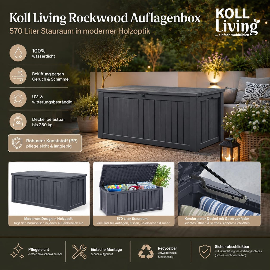 Koll Living Auflagenbox/Kissenbox 570 Liter l 100% Wasserdicht l mit Belüftung dadurch kein übler Geruch/Schimmel l Moderne Holzoptik l Deckel belastbar bis 250 KG (2 Personen) (Anthrazit)