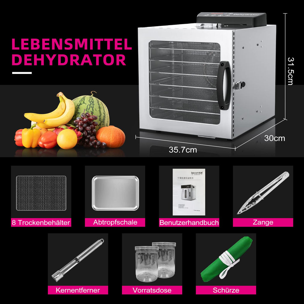Lecon Dehydrator Stainless Steel Dehydrator Food 30-90°C, 24-Hour Timer Dehydrator for Food, Meat, Fruit, Vegetable Dryer, Fruit Dryer, Dehydrator with Apron, Sealed Tank (8 Levels)o