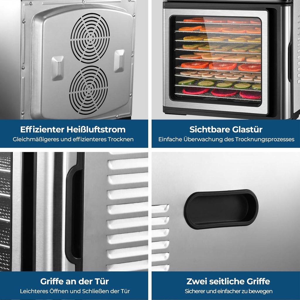 Edelstahl Dörrautomat, 1000W Dörrgerät für Obst und Gemüse mit LED-Anzeige, präziser Temperaturregelung (35-75°C), 48-Stunden-Timer, 9 Edelstahlschalen, 2 Maschensiebe, 1 Schale für Obstrolleno