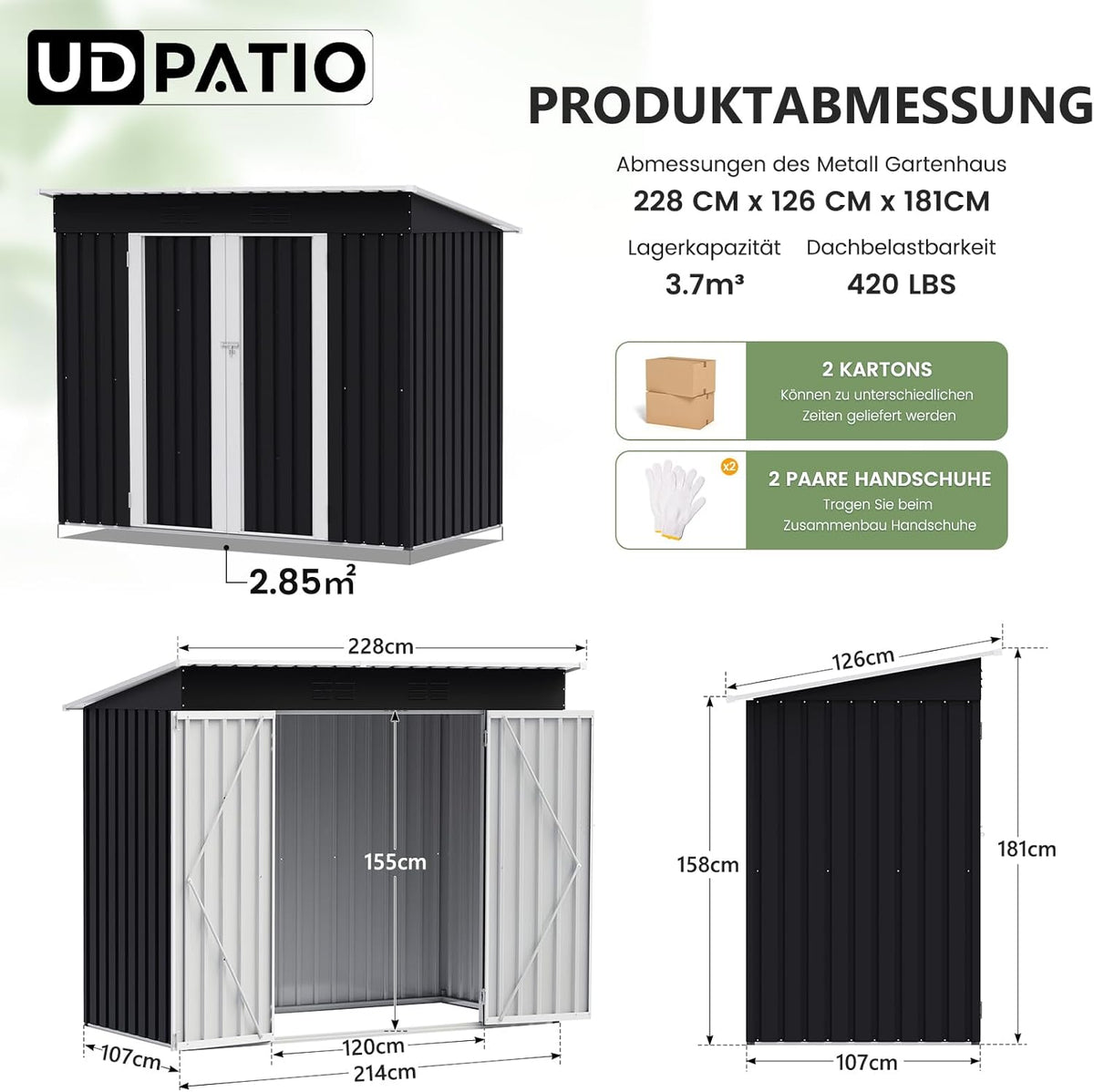 UDPATIO Metall Gartenhaus mit 4 m³ - 228 x 121 x 181 cm für den Außenbereich, Geräteschuppen, Fahrradgarage, Verzinkter Stahl mit Abschließbarer Tür für Hinterhof,Dunkelgrau