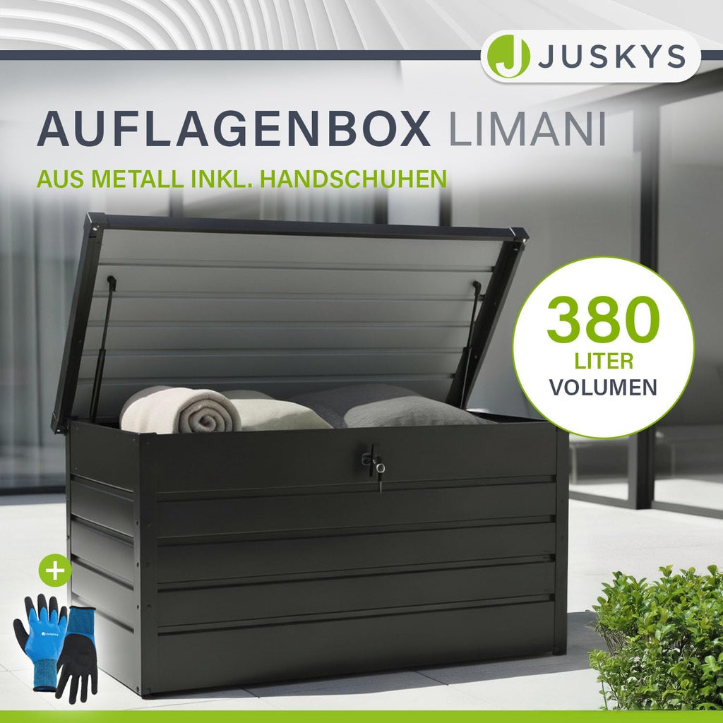 Juskys Metall Aufbewahrungsbox Limani 380 Liter - Outdoor Box - wasserdicht, abschließbar - Gartenbox, Auflagenbox, Kissenbox für Garten Anthrazit