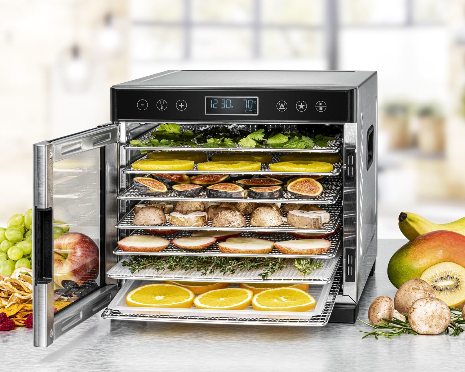 ROMMELSBACHER Dörrautomat DA 1000, XXL-Dörrfläche 1,6 m², inkl. 10 Edelstahl-Dörrtabletts, 2 Dörrgitter, 2 Dörrmatten, LED-Display, 24 Std. Zeitschaltuhr, Temperatur einstellbar (35 °C – 75 °C)o