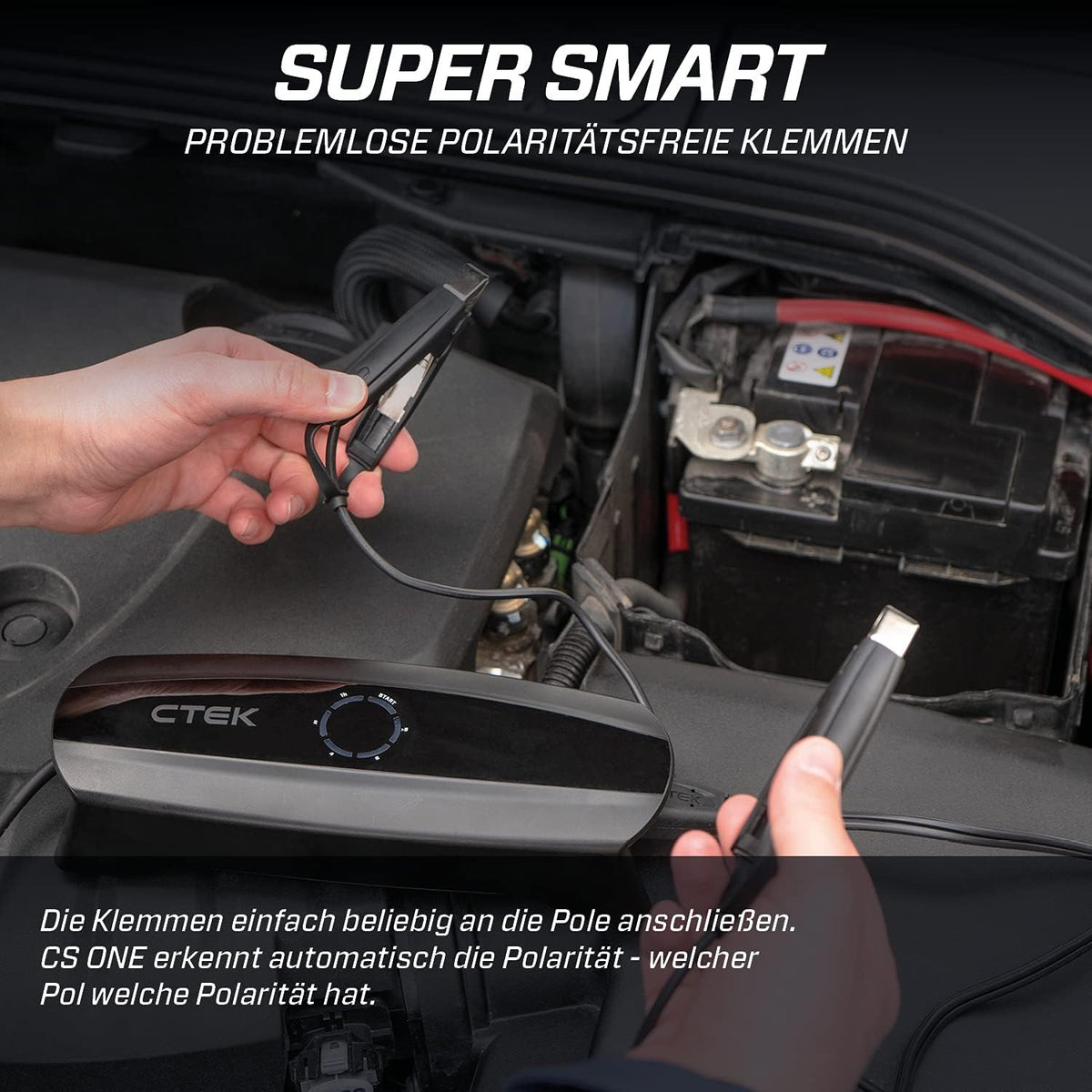 CTEK CS ONE, Batterieladegerät 12V, Intelligentes Ladegerät Motorrad, Ladegerät Auto, Erhaltungsladegerät Mit Adaptive Ladung, App, Rekonditionierungsmodus Und Polaritätsfreie Klemmen Schwarz