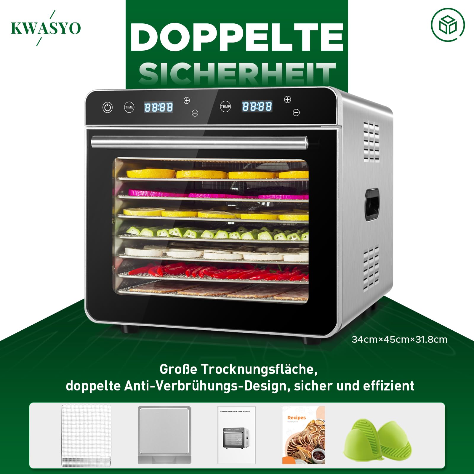 Kwasyo Dörrautomat Edelstahl Trockenkapazität 3,8 kg Rindfleisch, 0,67 m² Trockenfläche, 8 Edelstahl-Dörrtabletts (28x30 cm), 35-85°C Dörrgerät für Hundeleckerlis, Kräuter, Fleisch, Obst, Joghurto