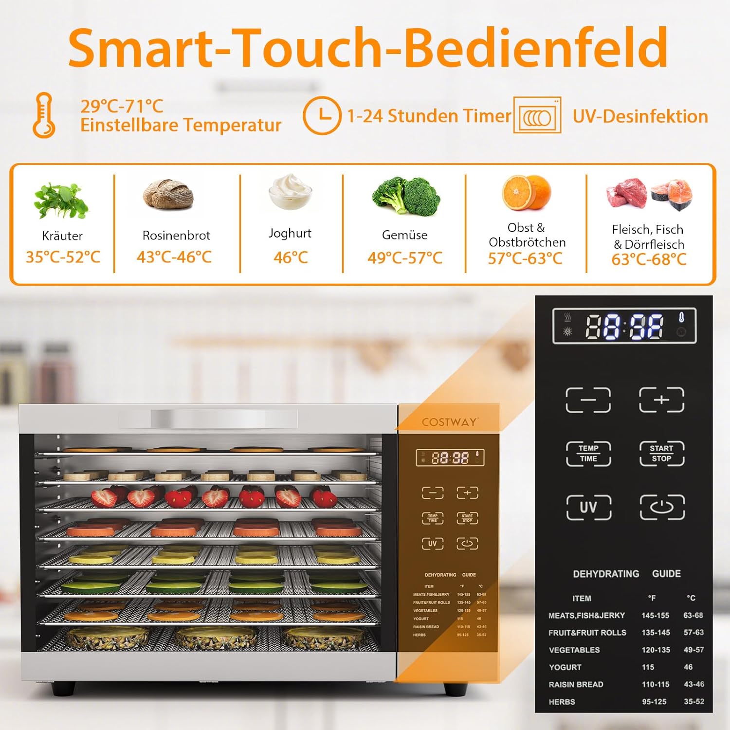 COSTWAY Dehydrator with 8 Grid Trays, 620W Dehydrator 30-70°C Temperature Control & 24H Timer, Overheating & Overload Protection, Food Dryer for Fruit, Meat, Vegetableso