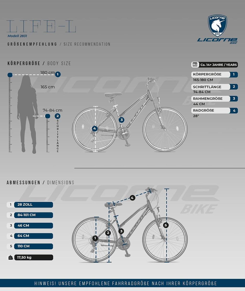 Licorne Bike Premium Trekking Bike in 28 Zoll - Fahrrad für Jungen, Mädchen, Damen und Herren - Shimano 21 Gang-Schaltung - Mountainbike - Crossbike - Life-L-V - Schwarz/Grau