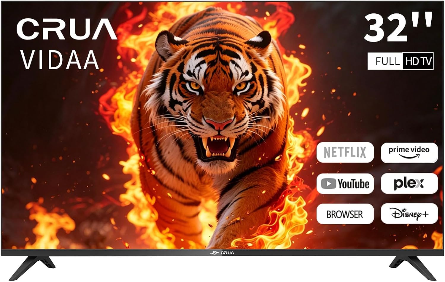 CRUA 32 Zoll Smart TV/Fernseher 32 Zoll 3X HDMI, 2xUSB, Fernseher kompatibel mit VIDAA,EyeCare,Triple Tuner DVB-T/-T2/-C/-S/-S2 CI+Power Input 100-240V~ 50/60HZ for Home, Kitchen, or RV Camper