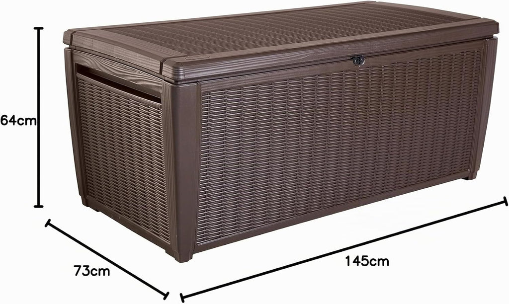 Keter Sumatra Auflagenbox, Kissenbox für draußen, 511 L, wetterfest, Deckel mit Gasdruckfeder, Außenmaße:145x73x64 cm, Sitzgelegenheit für 2 Personen, Braun