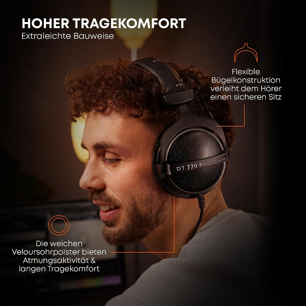 Beyerdynamic DT 770 PRO Over-Ear Studio Headphones in Black Closed design, wired for professional recording and monitoring. | Closed design, 80 ohm impedance, bass reflex system, velour ear pads, interchangeable parts, made in Germany