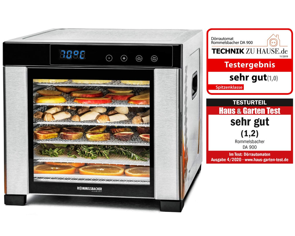 ROMMELSBACHER Dörrautomat DA 1000, XXL-Dörrfläche 1,6 m², inkl. 10 Edelstahl-Dörrtabletts, 2 Dörrgitter, 2 Dörrmatten, LED-Display, 24 Std. Zeitschaltuhr, Temperatur einstellbar (35 °C – 75 °C)o