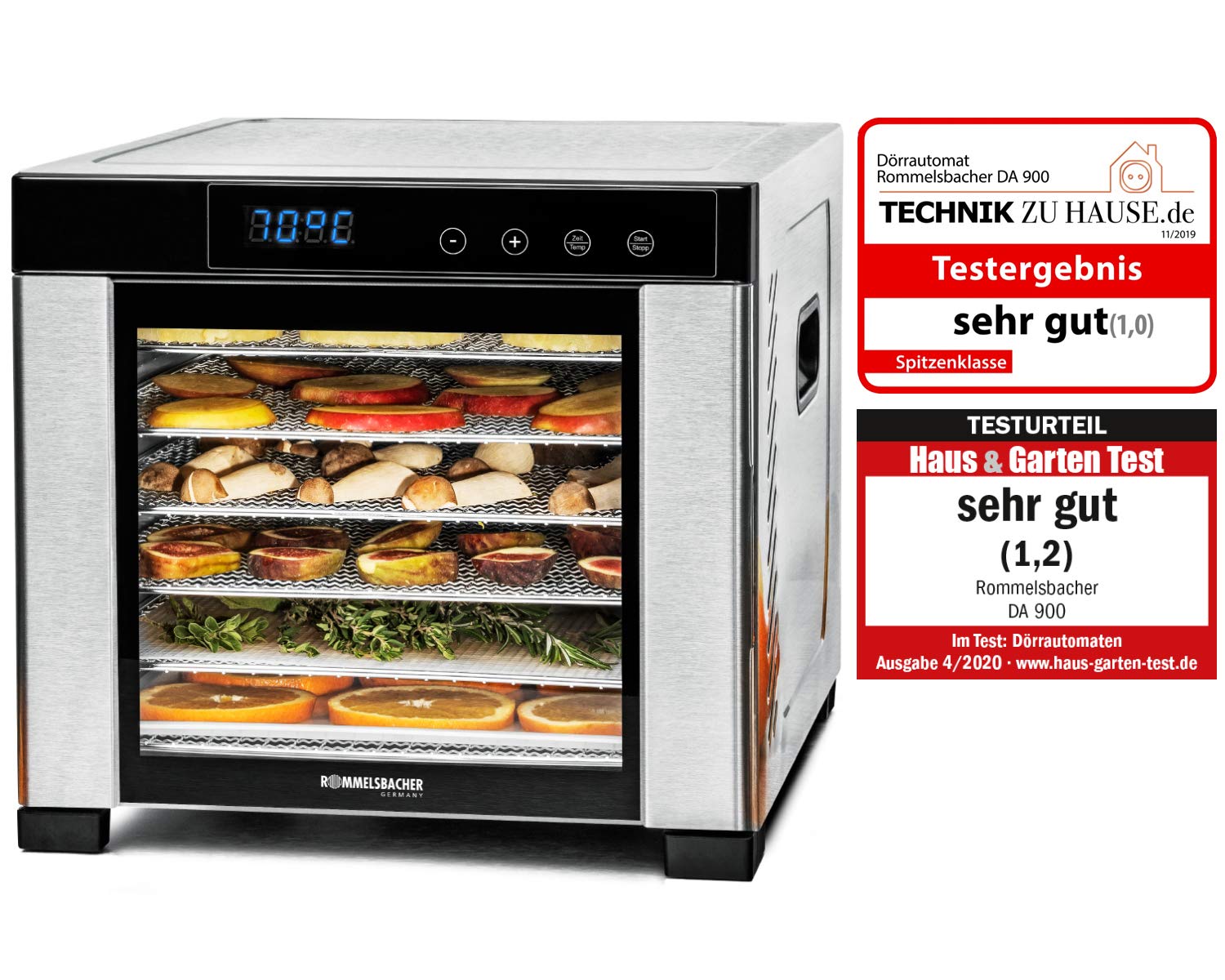 ROMMELSBACHER Dörrautomat DA 1000, XXL-Dörrfläche 1,6 m², inkl. 10 Edelstahl-Dörrtabletts, 2 Dörrgitter, 2 Dörrmatten, LED-Display, 24 Std. Zeitschaltuhr, Temperatur einstellbar (35 °C – 75 °C)o