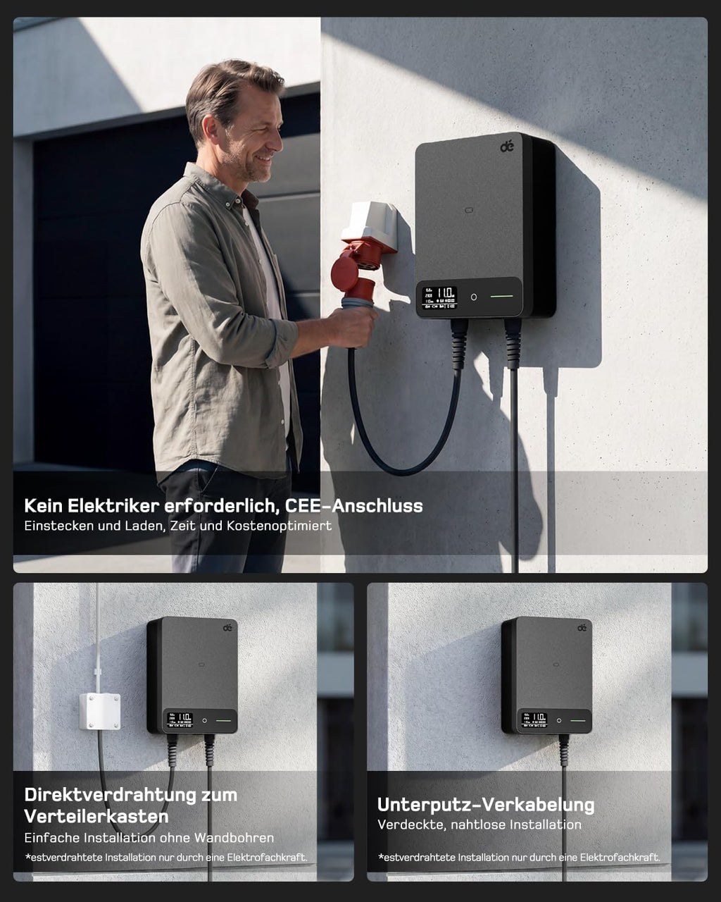 dé Wallbox 11kW mit APP RFID, 7,5m, §14a EnWG, EV Ladestation, Schwarz