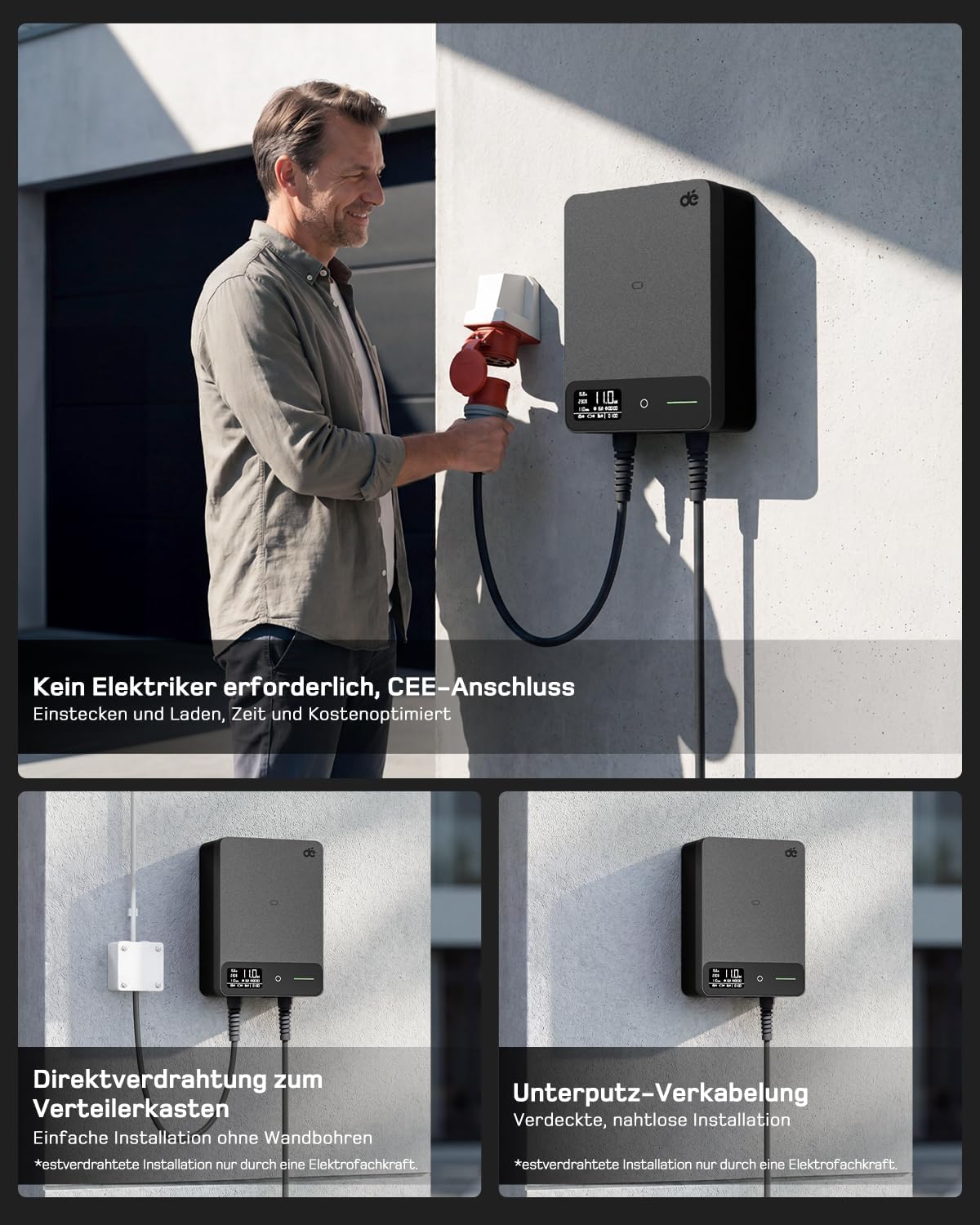 dé Wallbox 11kW mit APP RFID, 7,5m, §14a EnWG, EV Ladestation, Schwarz