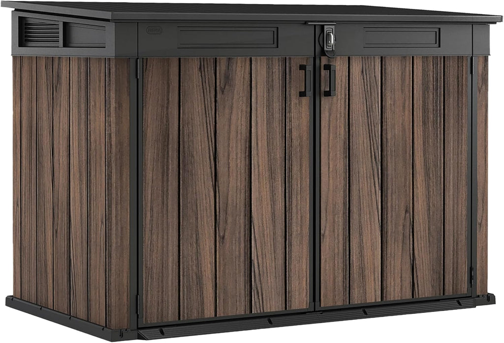 Keter Signature Gartenschrank, wetterfest, 2020 L Stauraum, abschließbar, mit Gasdruckfedern, Rosenholz-Optik, 190,5 x 109,3 x 132,5 cm, Mülltonnenbox für 2X 360l Tonnen