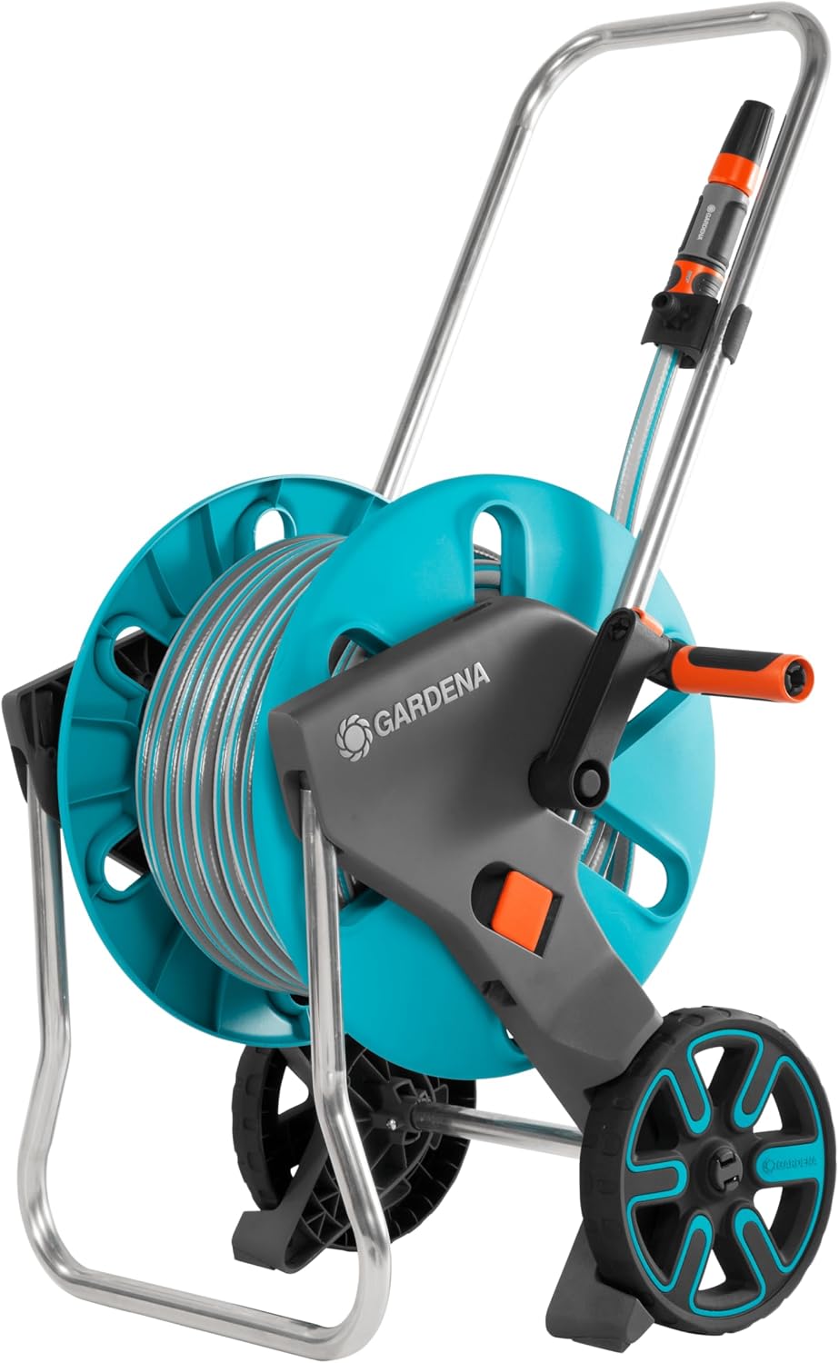 Gardena CleverRoll M Set: Schlauchwagen mit 20 m Classic-Schlauch und Spritze und Clipbefestigung zur Aufbewahrung, Nachtropfstopp, Kurbelseite frei wählbar (18513-88)