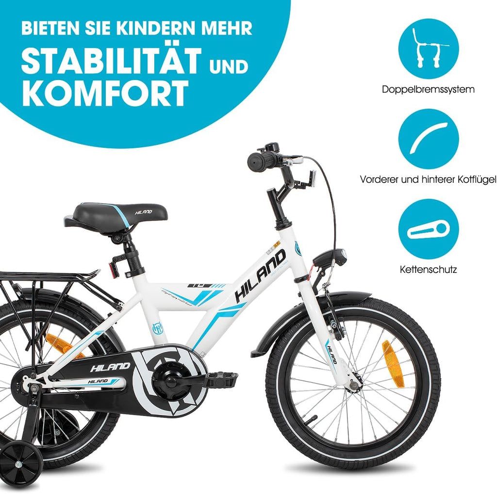 HILAND 16/18/20 Zoll Kinderfahrrad Mountainbike Kinder MTB für Jungen und Mädchen ab 4 5 6 7 8 9 Jahren Licht Gepäckträger Stützräder/Ständer, Schwarz/Weiß