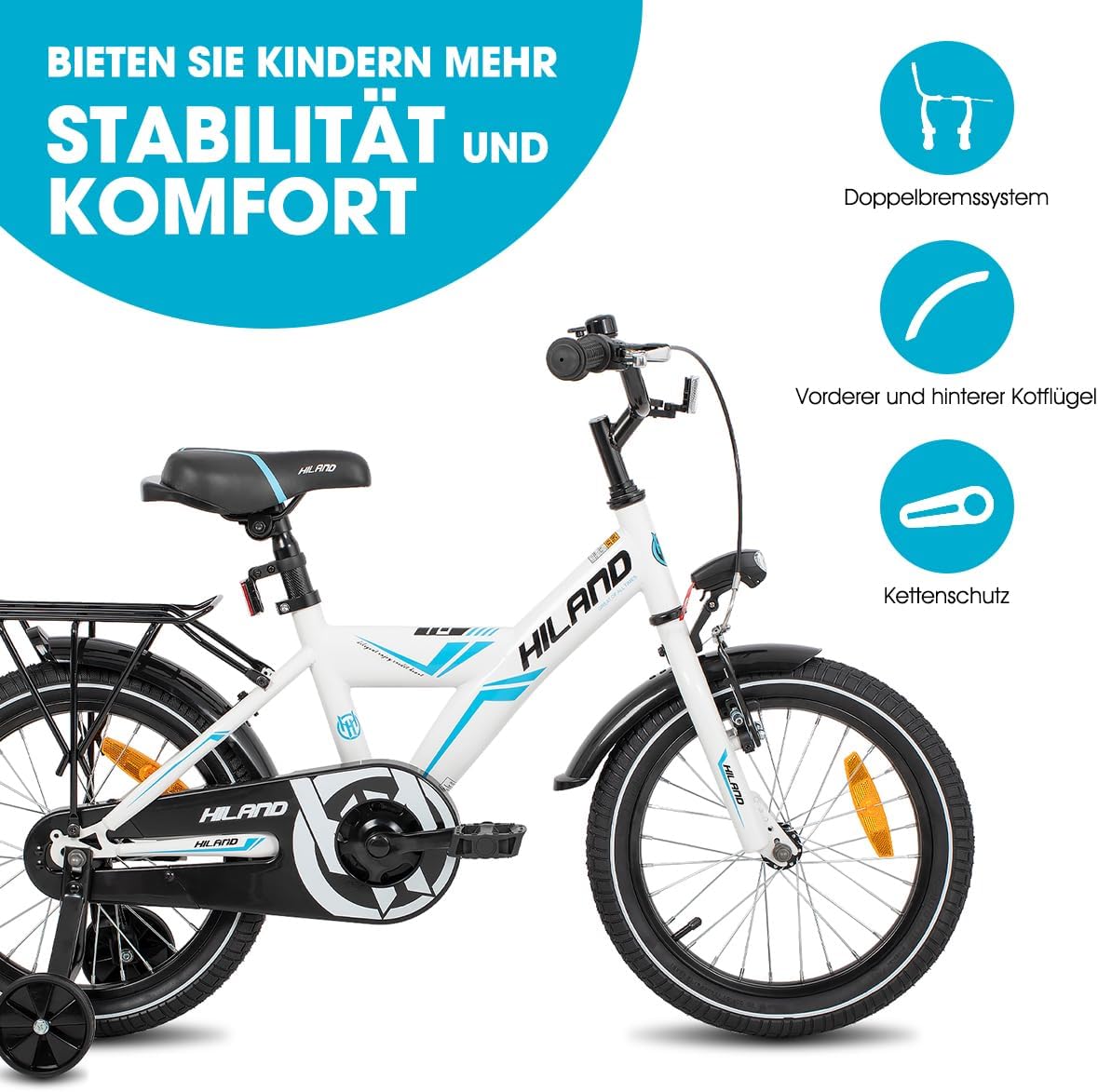 HILAND 16/18/20 Zoll Kinderfahrrad Mountainbike Kinder MTB für Jungen und Mädchen ab 4 5 6 7 8 9 Jahren Licht Gepäckträger Stützräder/Ständer, Schwarz/Weiß