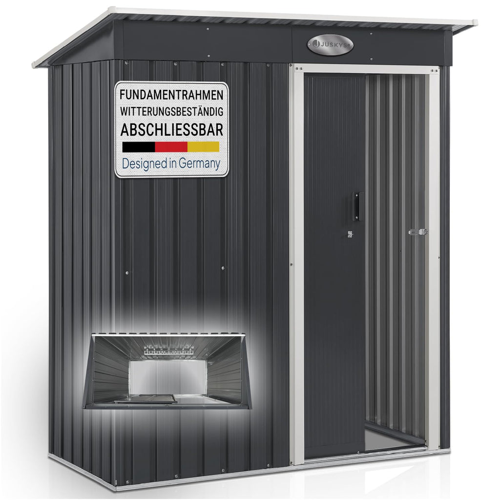 Juskys Geräteschuppen Metall XL – Gartenhaus & Gerätehaus mit Schiebetür, Fundamentrahmen & Schloss, wetterfester Gartenschrank zur Aufbewahrung – Dunkelgrau